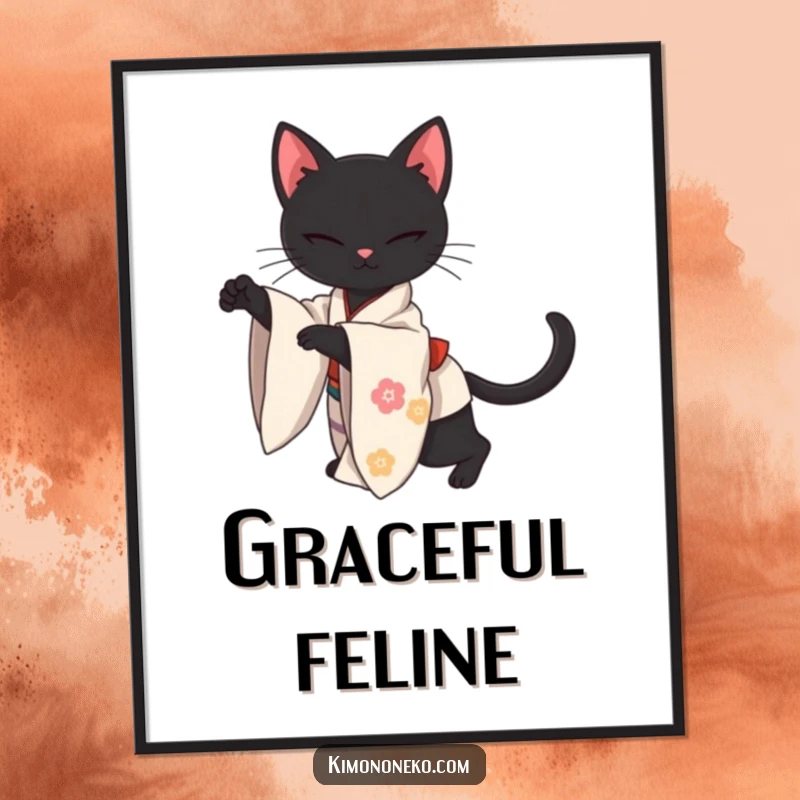 Funny digital art print of a sleek kawaii black cat in a kimono, stretching with elegant grace, perfect for refined and charming decor.