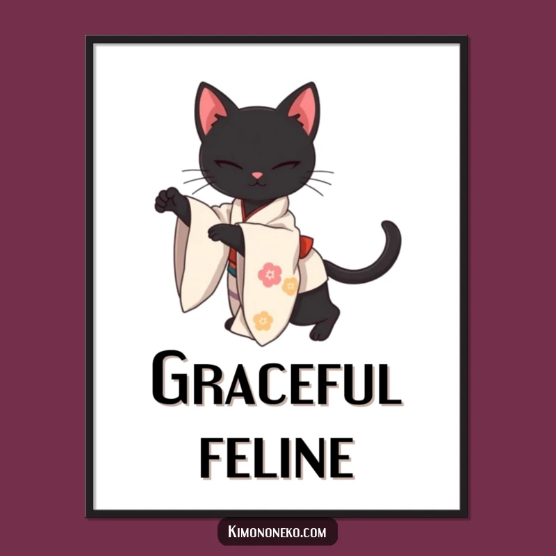 Funny Kawaii Black Cat Kimono Digital Art: Instant Download of Elegant Feline Art