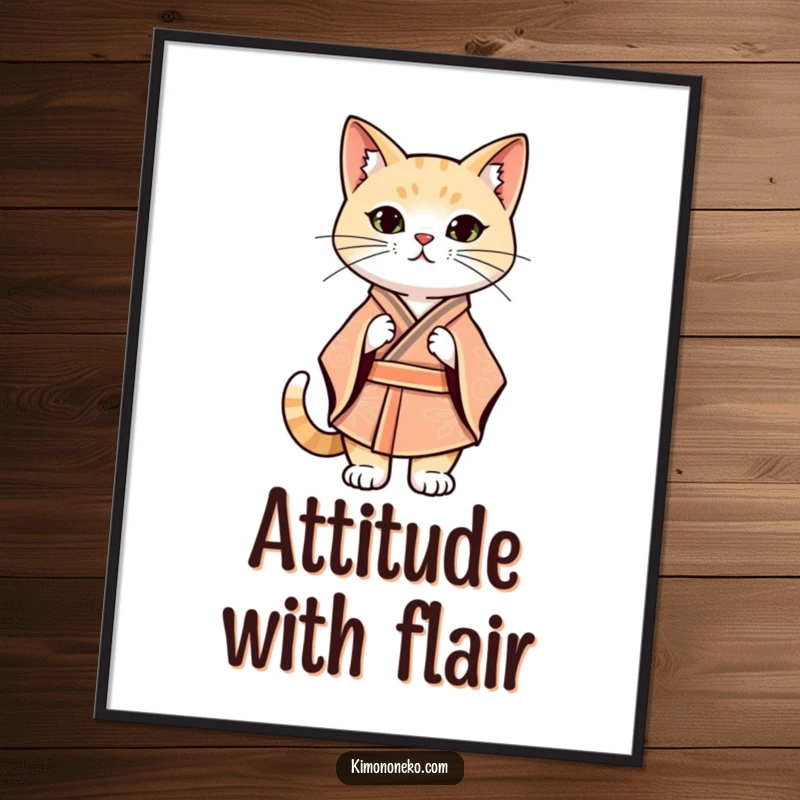 Funny Kawaii cat in a stylized kimono striking a confident stance, digital art, printable wall decor.