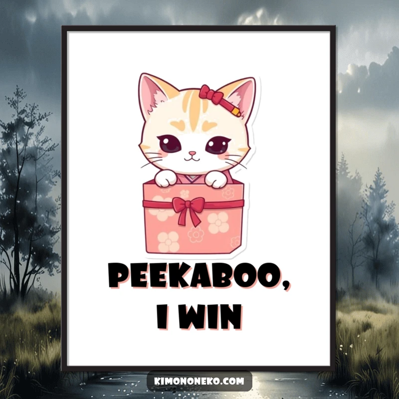 Funny kawaii cat in a kimono, peeking from a gift box, as a high-resolution digital art print for humorous home decor.