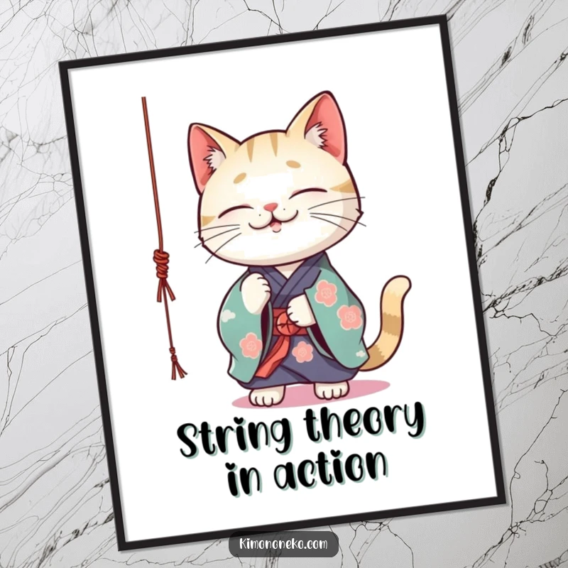 Funny Kawaii cat wearing a vibrant kimono playfully batting at a dangling string, digital art, printable decor.