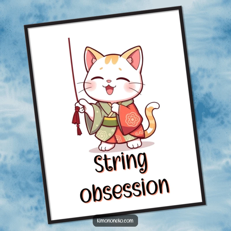 Funny Kawaii cat in a vibrant kimono, playfully batting at a dangling string, high-resolution digital art for easy printing.