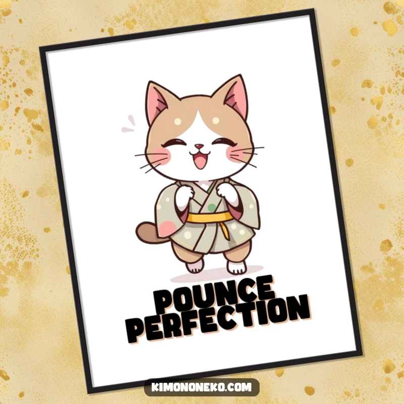 Funny Kawaii cat illustration in a traditional kimono, doing a playful pounce, downloadable funny art.