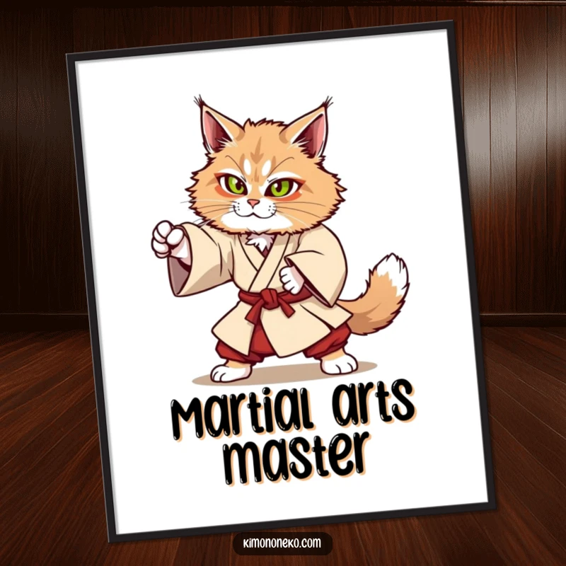 Funny Kawaii Maine Coon cat in sturdy kimono attempting a martial arts move, strong anime digital art, gift.