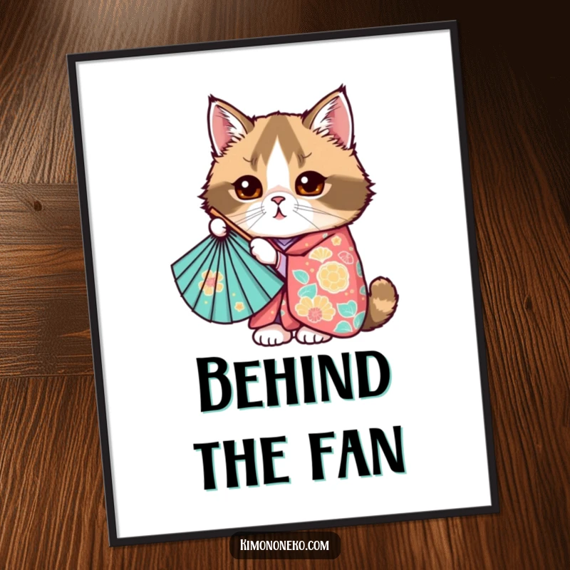 Funny Kawaii Scottish Fold cat peeking from behind a fan, colorful kimono, cute anime digital art, gift.