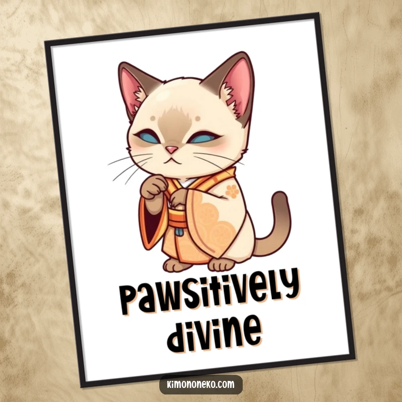 Funny Siamese kawaii cat in an ornate kimono, grooming its paw, as a high-resolution digital art print for elegant humor.
