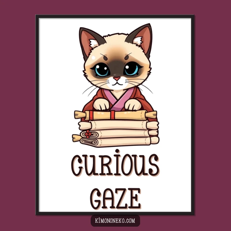 Funny Siamese Kimono Digital Art: Curious Scroll Peek Instant Decor