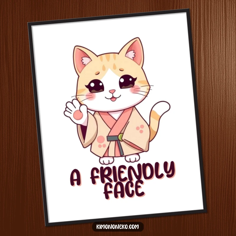 Funny smiling cat in a kimono, waving hello. Printable digital art for cheerful and humorous decor.