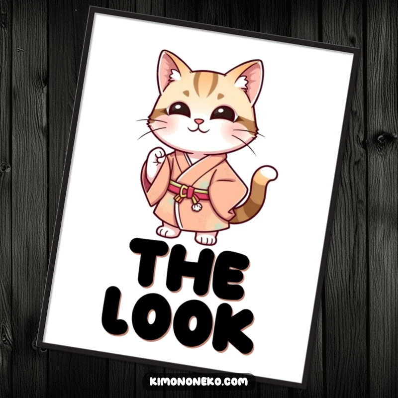 Funny digital art print of a stylish cat in a modern kimono, exuding confidence with a knowing smile, bringing chic and humorous vibes to your space.