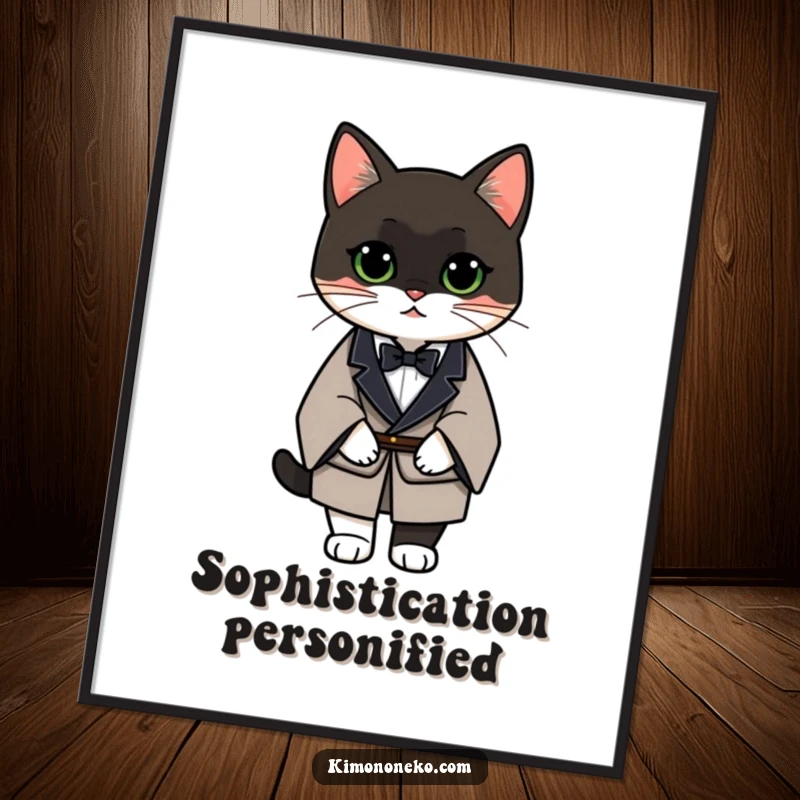 Funny Tuxedo Cat Digital Art Print of an elegant cat in a formal kimono, offering instant sophisticated and humorous wall decor.