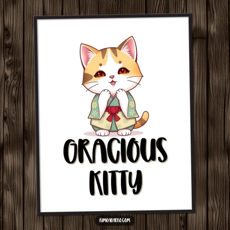 Funny kawaii calico cat in a festive kimono bowing as a digital art print, for humorous and polite anime decor.