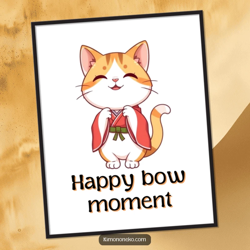 Funny happy kawaii calico cat in a red and white kimono, gracefully bowing, available as a high-resolution digital art print.