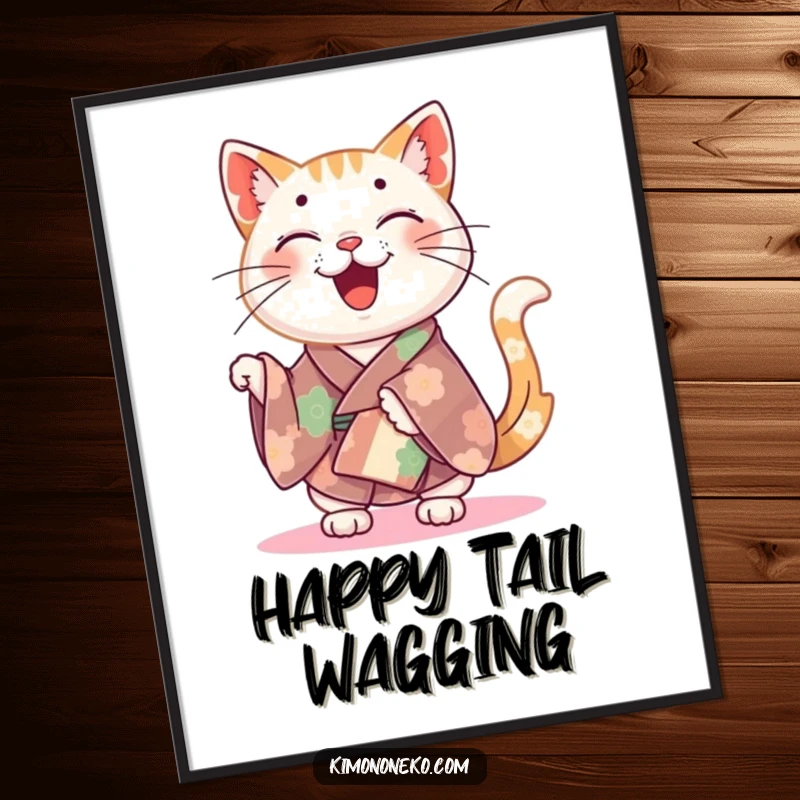 Funny happy cat in a colorful kimono wiggling its tail, as a high-resolution digital art print.