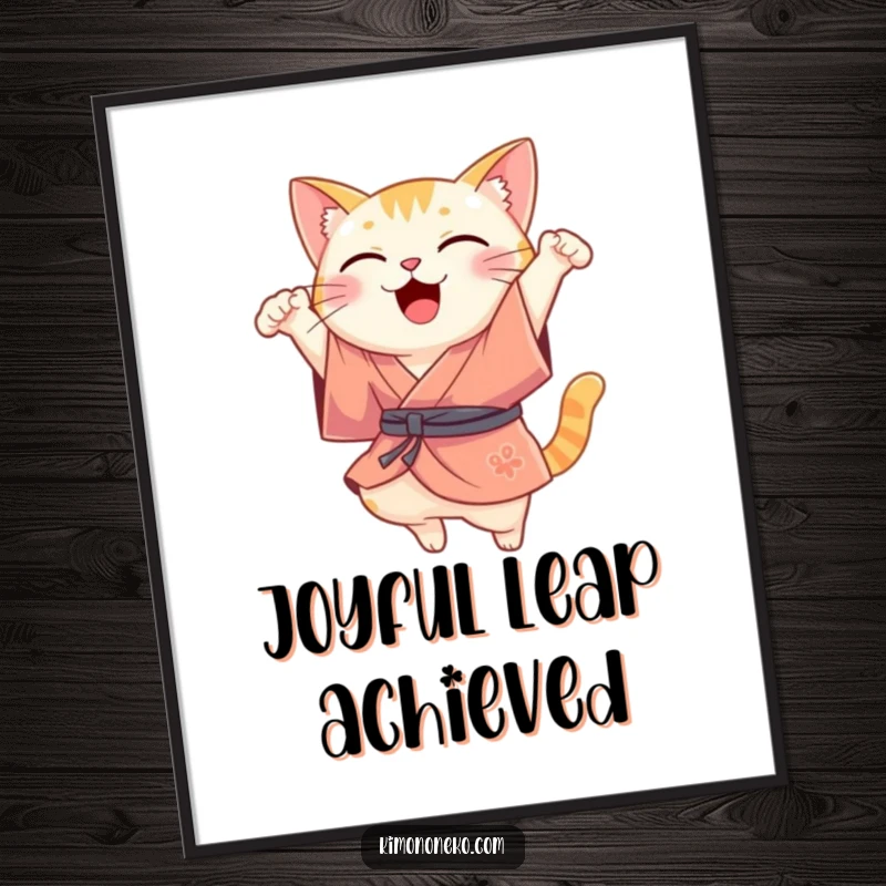 Funny Kawaii cat illustration in a silk kimono, performing a joyful leap, downloadable funny art.