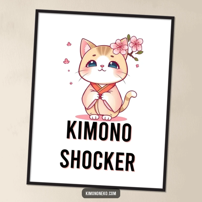 Funny Kawaii Kimono Cat Digital Art Print: A surprised kitty in a kimono reacting to a cherry blossom, instant funny decor.