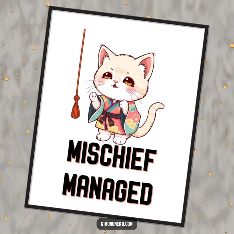 Funny Kitten Kimono Digital Art Print: A mischievous kitten in a colorful kimono playfully batting at a dangling string, instant wall art.