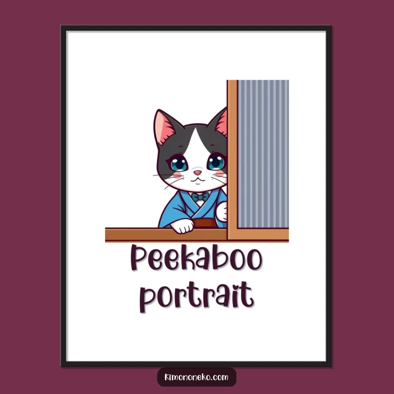 Funny Kawaii Tuxedo Cat Digital Art - Curious Peek Print