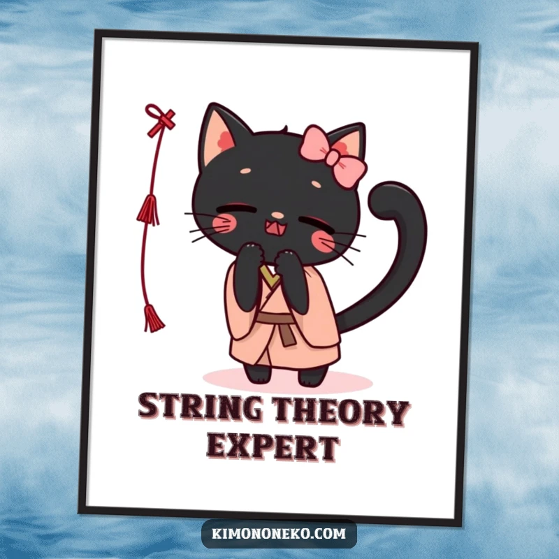 Funny Kawaii black cat in a kimono, playfully batting at a string, as a downloadable digital art print for humorous decor.