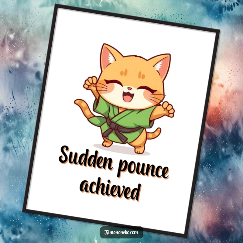 Funny ginger cat in green kimono, performing a sudden pounce, kawaii digital art.