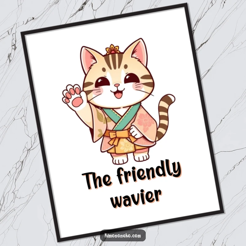 Funny striped cat in a festive kimono waving its paw, as a high-resolution digital art print.