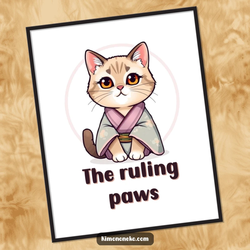 Funny digital art print of a regal cat in a silk kimono sitting proudly, conveying instant elegance and humor.