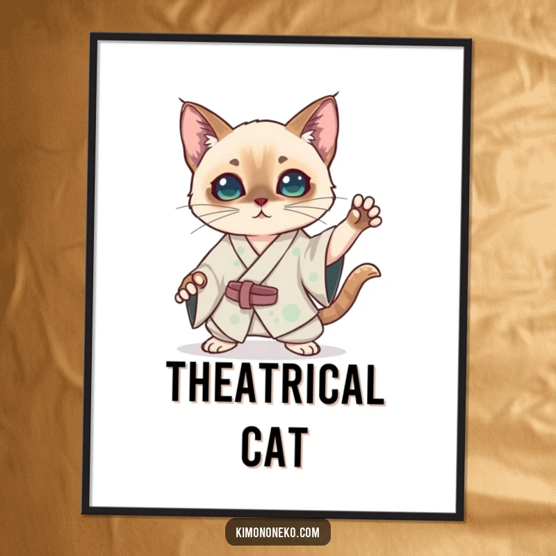 Funny kawaii Siamese cat in a silk kimono striking a dramatic pose as a digital art print, for humorous and theatrical anime decor.