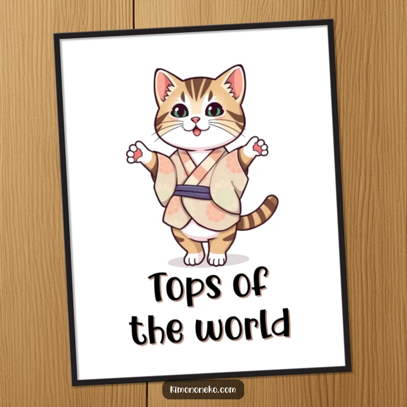 Funny Tabby Cat Kimono Digital Art Print: A Kawaii tabby cat in a patterned kimono balancing on its hind legs, humorous downloadable art.