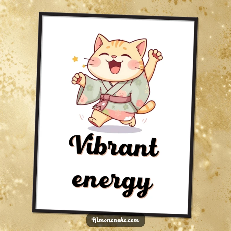 Funny Joyful Cat Kimono Digital Art Print featuring a happy cat in vibrant kimono in a silly chase, ideal for lively decor.