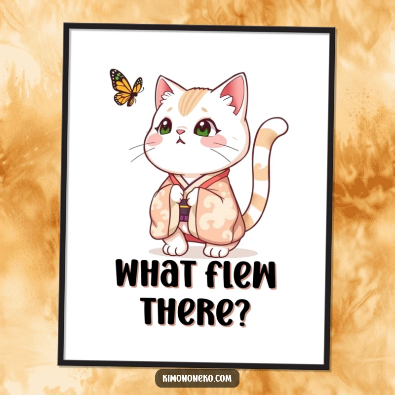 Funny digital art print of a surprised cat in a festive kimono, tail comically puffed while observing a fluttering butterfly, adding whimsical humor to your home.