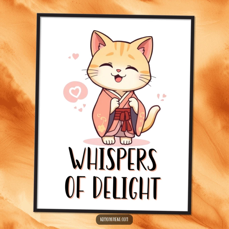 Funny Kawaii cat in an elegant kimono sharing a secret giggle, digital art, printable wall decor.