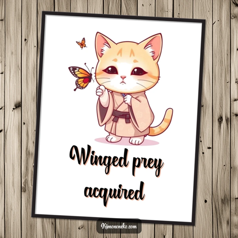 Funny digital art print of a cat in a patterned kimono humorously batting at a butterfly, perfect for vibrant and amusing decor.