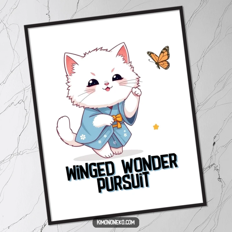 Funny fluffy white kawaii cat in a blue kimono playfully chasing a butterfly, whimsical digital art conveying gentle fun and charm.
