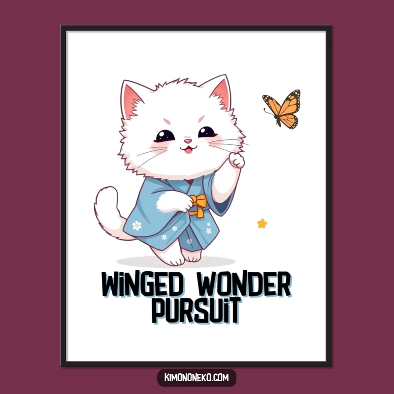 Funny White Cat Digital Art: Kawaii Kitty in Blue Kimono Butterfly Chase - Instant Whimsy Gift!