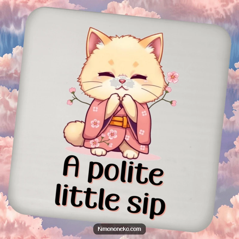 Funny bowing cat kimono drink coasters, depicting a fluffy feline offering a respectful bow, protecting furniture with serene charm and cultural flair.