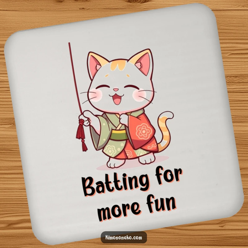 Funny Kawaii cat in a vibrant kimono, playfully batting at a dangling string, protecting surfaces with charm.