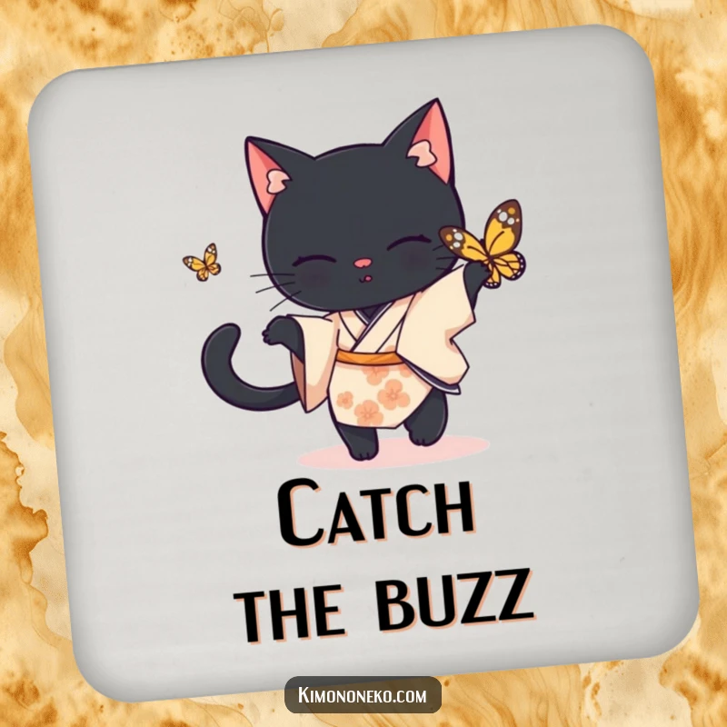 Funny black cat coaster, a black cat in a simple kimono playfully chasing a butterfly, stylish funny gift.