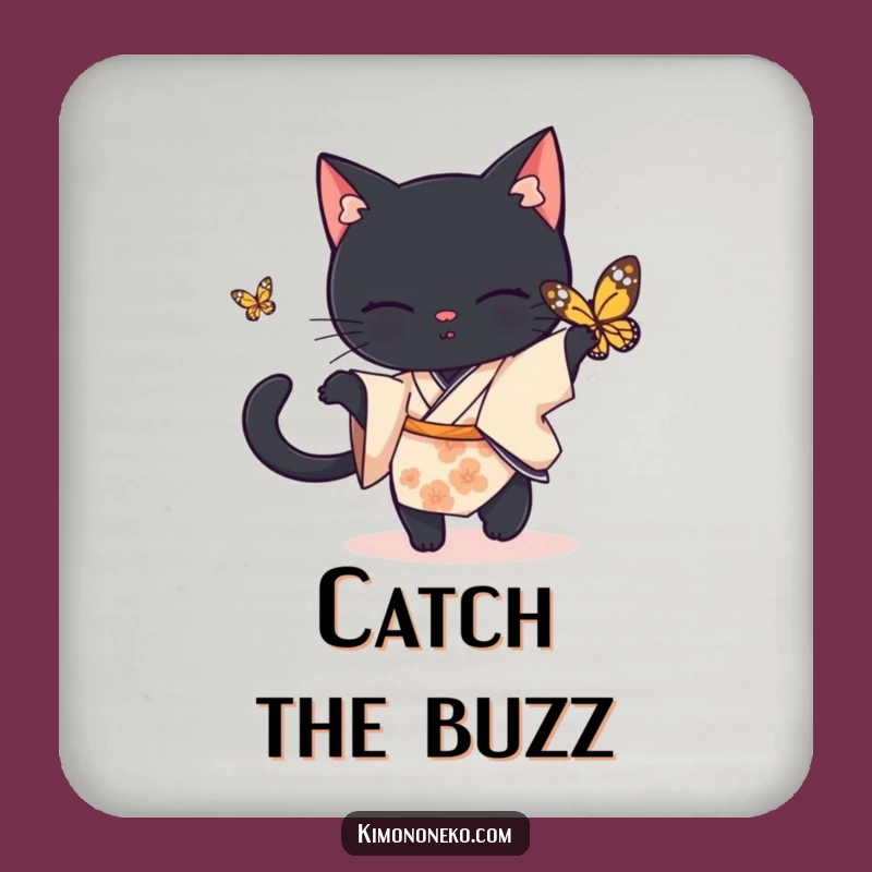 Funny Black Cat Kimono Coaster: Playful Chase Protector, Hilarious Gift