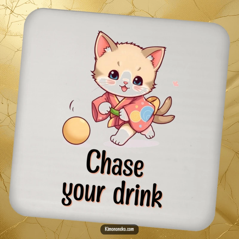 Funny playful kitten kimono drink coasters, depicting a kitten chasing a ball, protecting furniture with vibrant feline energy and humor.