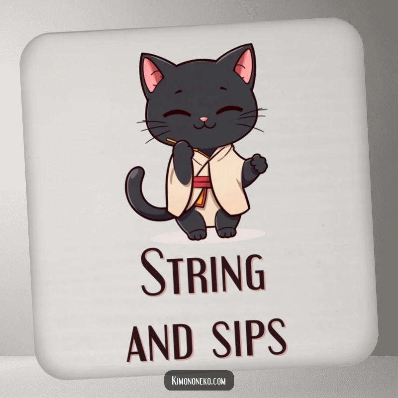 Funny Black Cat Kimono Coaster: A Kawaii black cat in a simple kimono playfully batting at a string, adding humor to coasters.