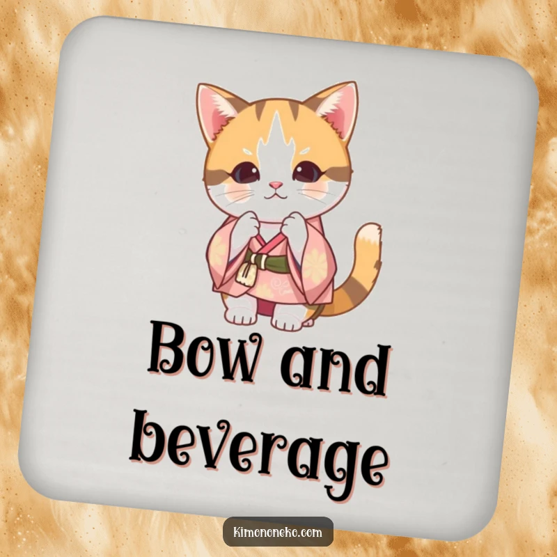 Funny Calico Cat Kimono Coaster: A Kawaii cat in a festive kimono bowing, adding a humorous touch to drink protection.
