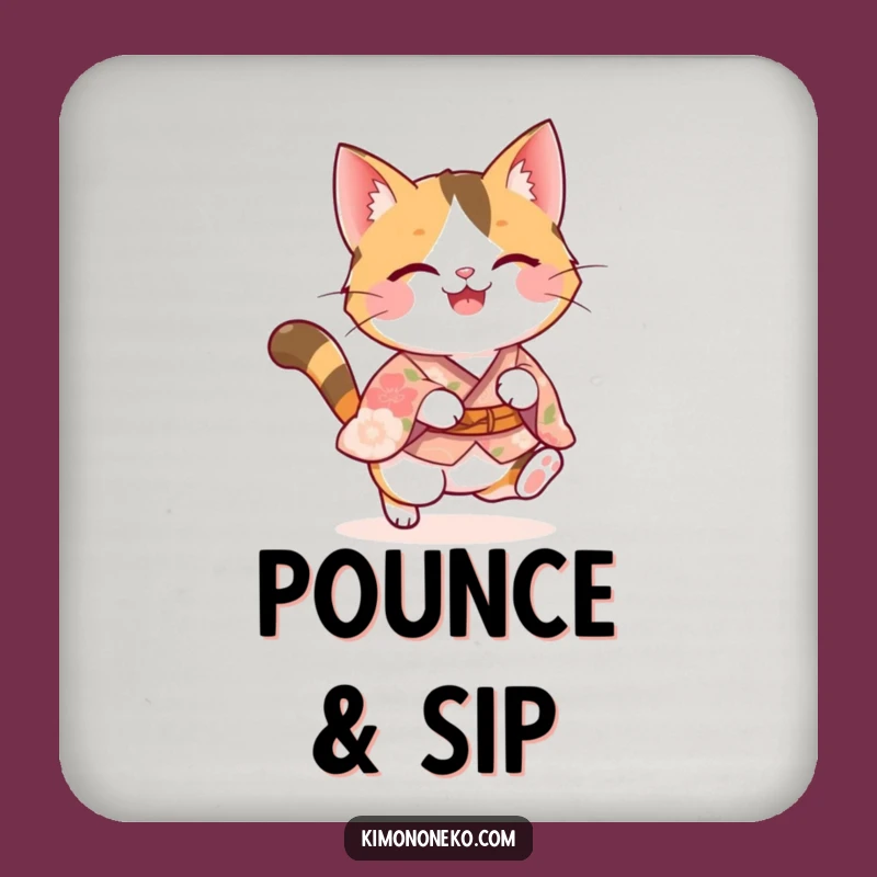 Funny Calico Cat Pounce Coaster: Cute Kawaii Kitty in Floral Kimono - Party Gift!