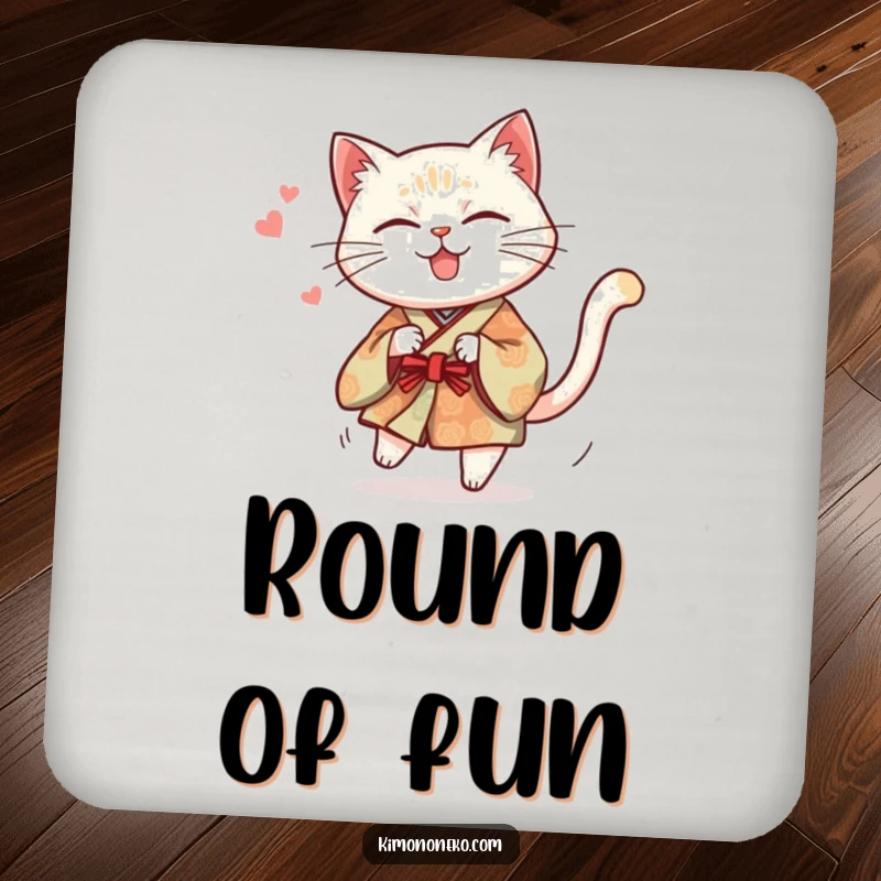 Funny drink coaster with a mischievous cat in a traditional kimono humorously chasing its tail, adding playful charm.