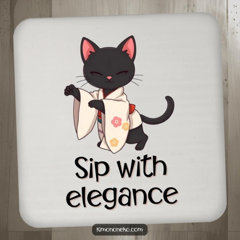 Funny drink coaster featuring a sleek kawaii black cat wearing a kimono, stretching with elegant grace, perfect for adding sophisticated charm.