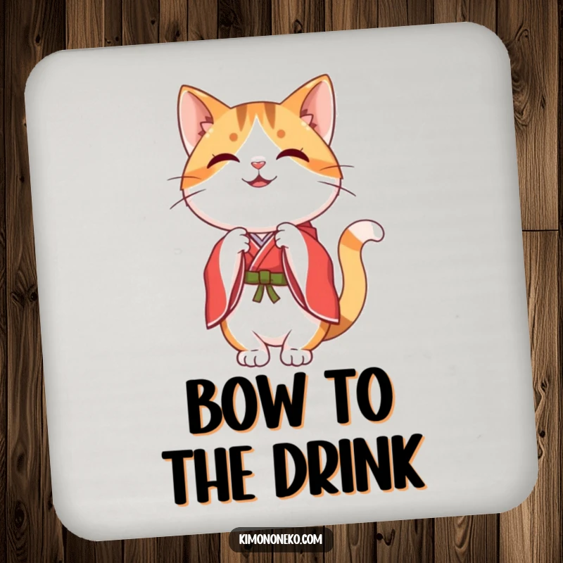 Funny happy kawaii calico cat in a red and white kimono, performing a graceful bow, as a protective drink coaster.