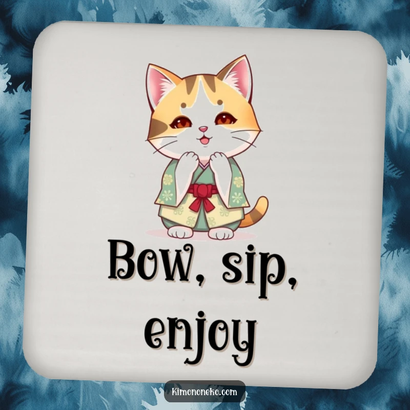 Funny kawaii calico cat in a festive kimono bowing on drink coasters, offering humorous anime-themed polite table protection.