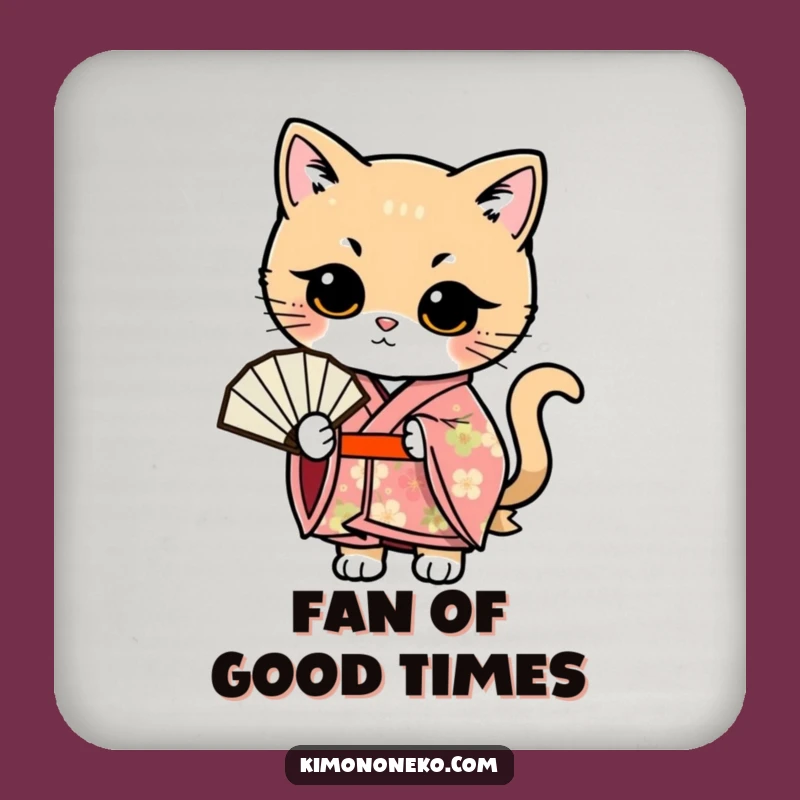 Funny Kawaii Cat Kimono Coaster: Floral Fan Pose Protection, Great Funny Gift