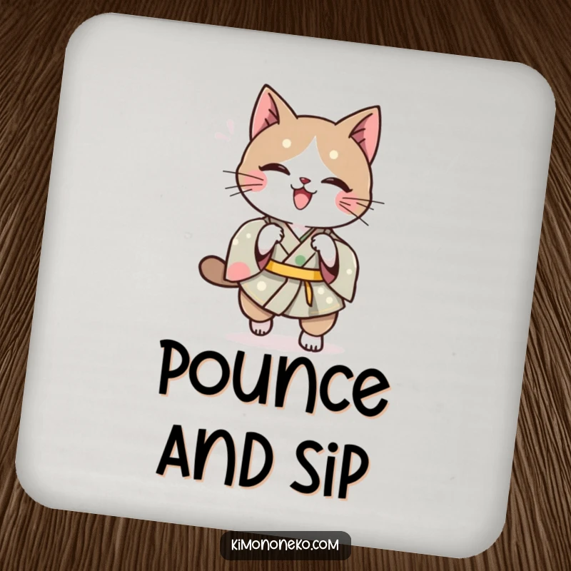 Funny Kawaii cat in a kimono, doing a playful pounce, a protective and funny drink coaster.