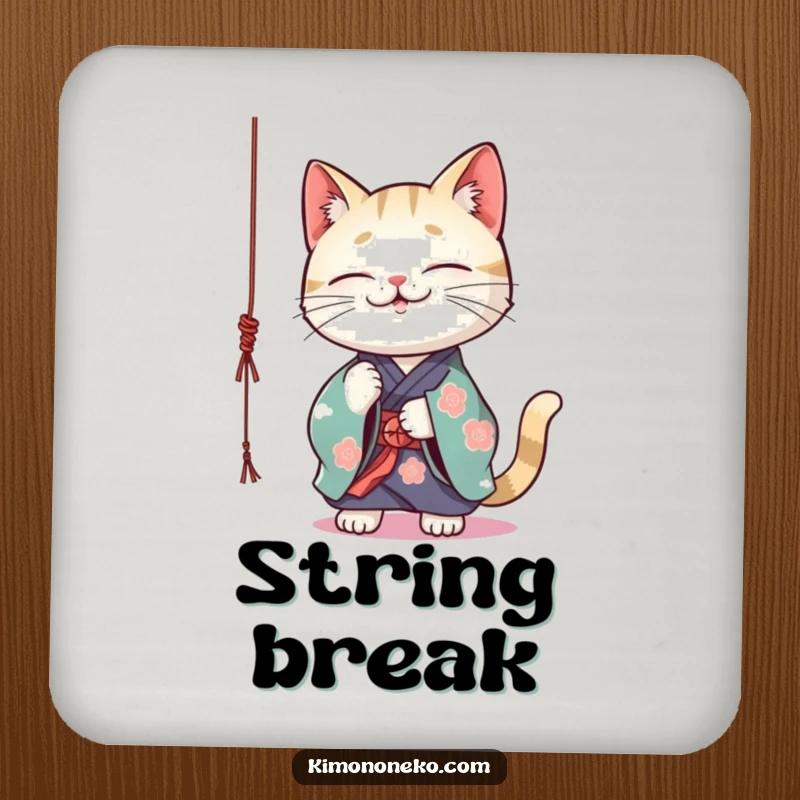 Funny Kawaii cat in a vibrant kimono playfully batting at a dangling string, cork drink coaster, protective surface.
