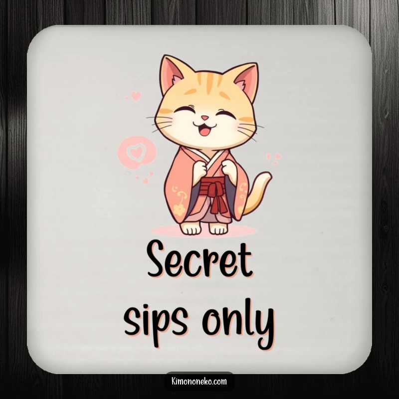 Funny Kawaii cat in an elegant kimono sharing a secret giggle, cork drink coaster, protective surface.