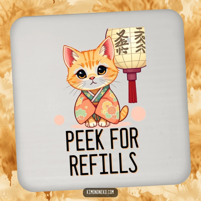 Funny drink coaster featuring a kawaii ginger cat wearing a kimono, curiously peeking from behind a paper lantern, perfect for adding cute charm.